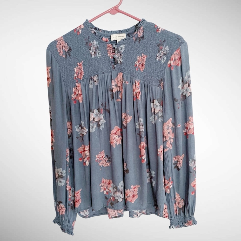 Lucky Brand Floral Long-Sleeve Peasant Blouse Button Neck